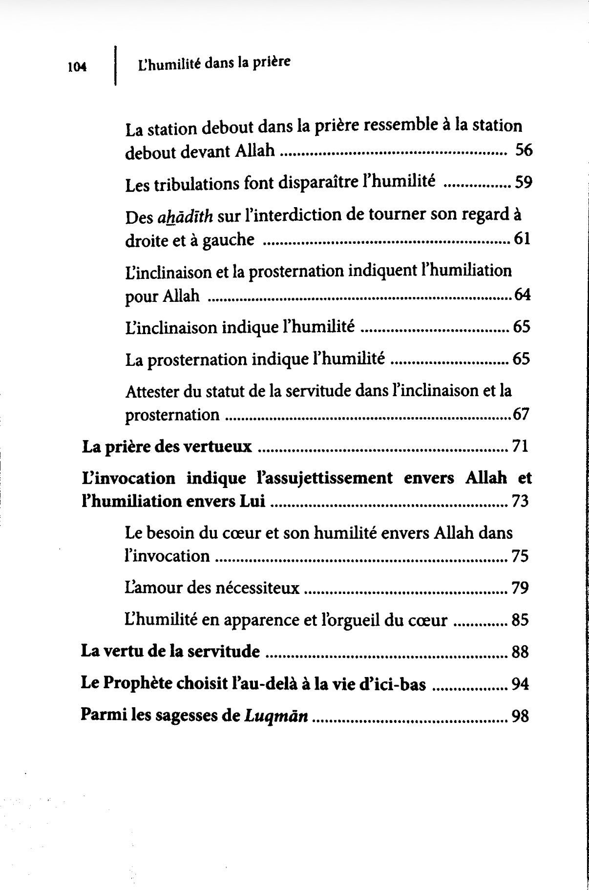 sommaire du livre L'humilité Dans la Prière - Ibn Rajab Al-Hanbali