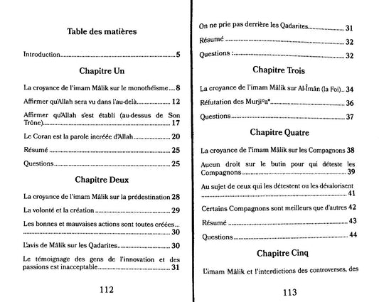 Sommaire du livre La croyance de l’imam Mâlik - Chaykh Muhammad ibn ‘AbderRahmân Al-Khumayyis