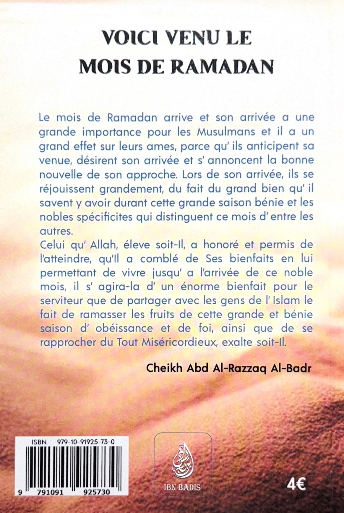 4ème de couverture du livre Voici venu le mois de Ramadan - Cheikh Abd al-Razzaq al-Badr