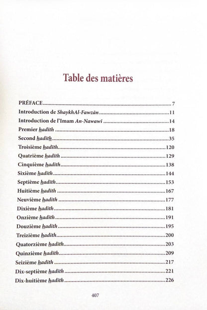Sommaire du livre Commentaire du Livre les 40 Hadiths de An-Nawawi
