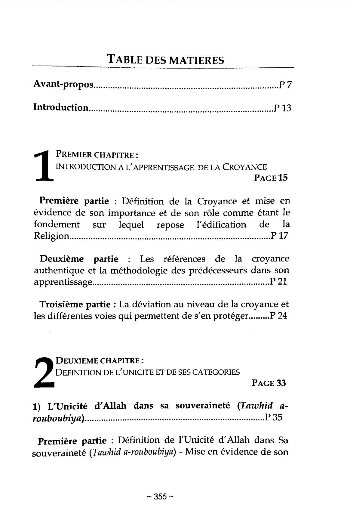 Sommaire du livre La Croyance de l'Unicité - Cheikh Salih Al Fawzan