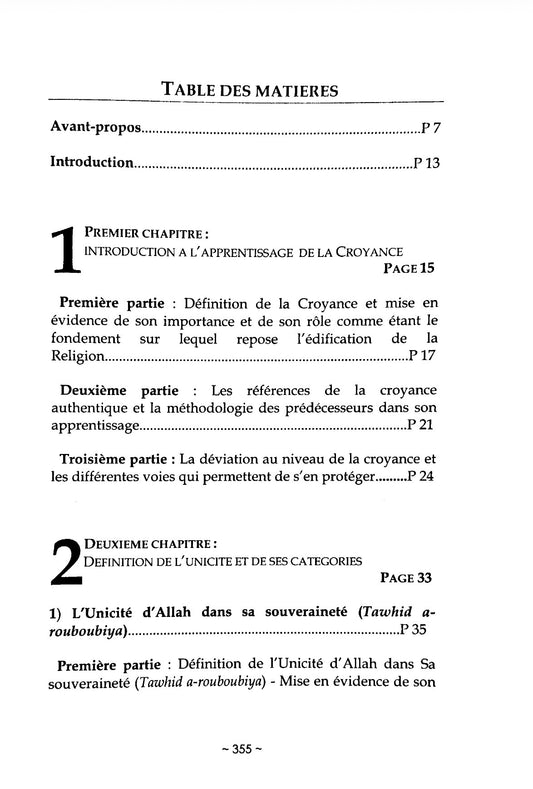 Sommaire du livre La Croyance de l'Unicité - Cheikh Salih Al Fawzan