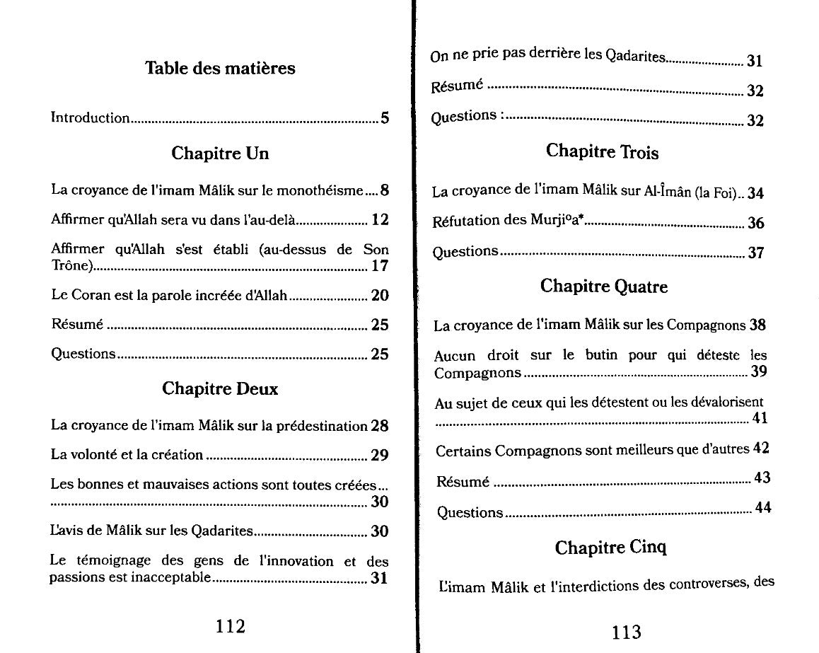 Sommaire du livre La croyance de l’imam Mâlik - Chaykh Muhammad ibn ‘AbderRahmân Al-Khumayyis