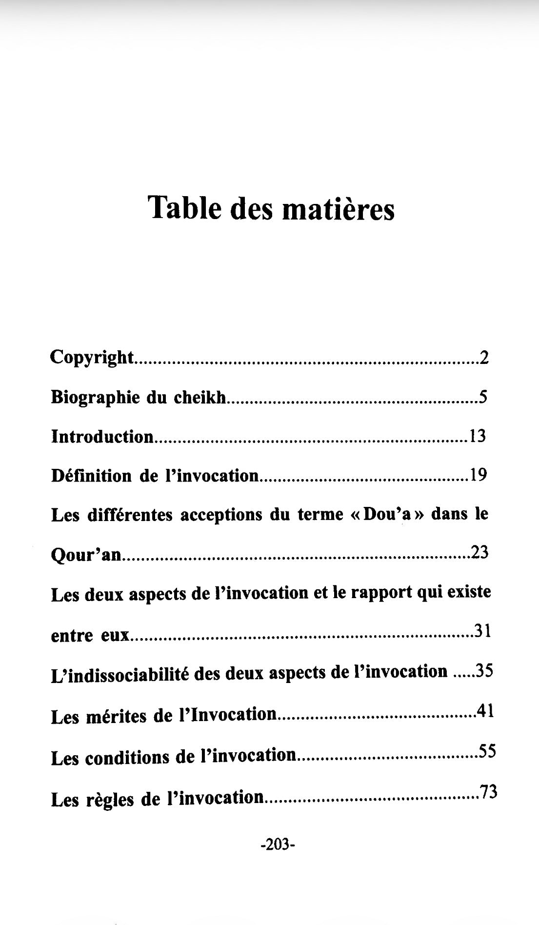 Sommaire du livre L'invocation - concept, règles et erreurs à éviter - Al-Hamad 