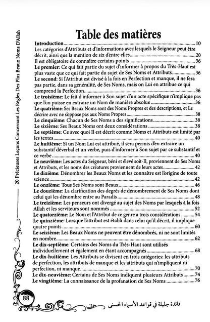 Sommaire du livre 20 précieuses leçons sur les plus beaux noms d'Allah - Ibn Al-Qayyim