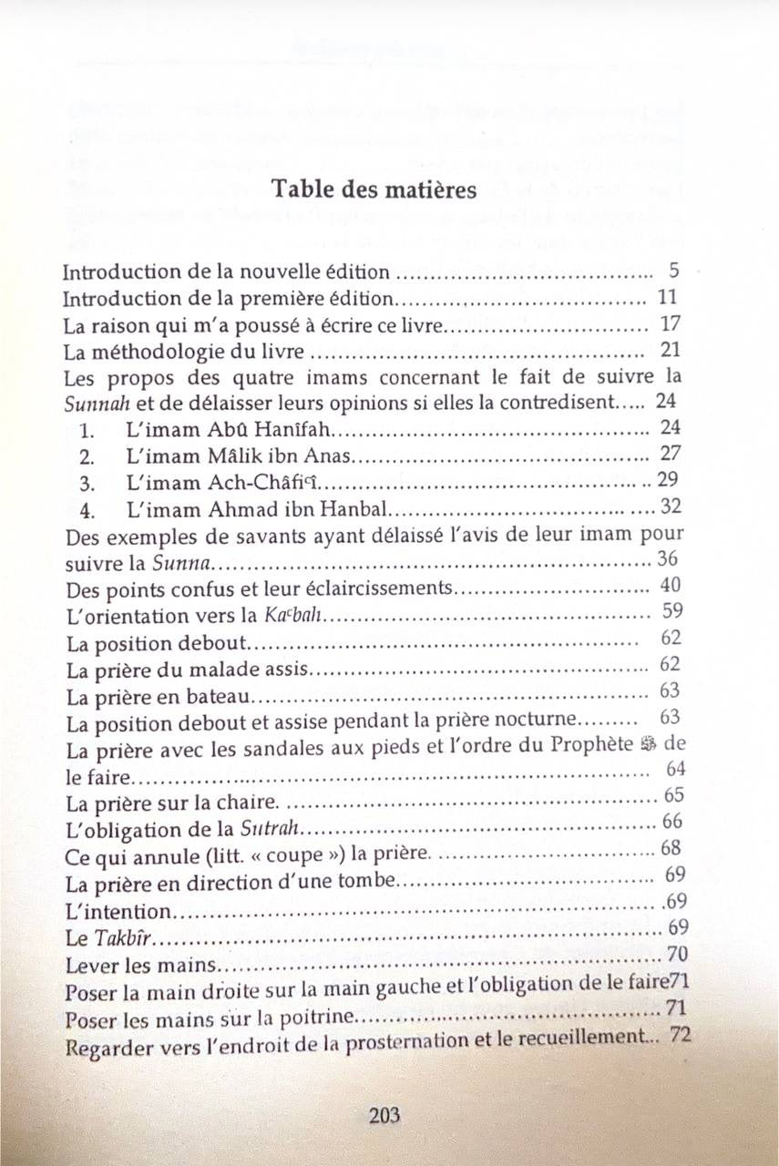 Sommaire du livre La Description de la Prière du Prophète - Cheikh Al-Albânî 