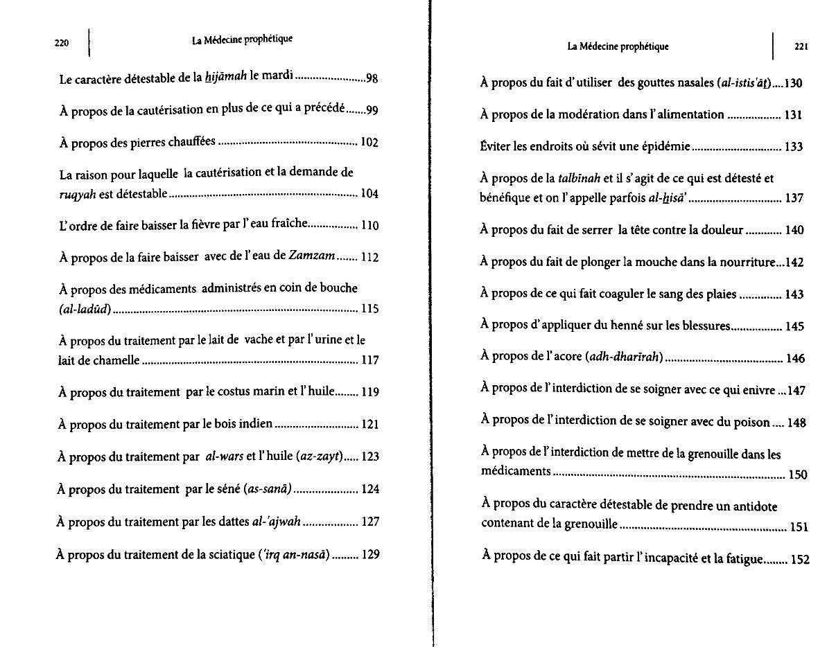 sommaire du livre La Médecine Prophétique - Al Hafiz Al-Maqdisi