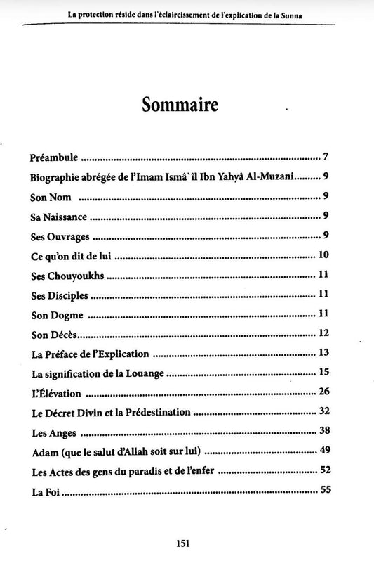 Sommaire du livre Charh As-Sunna - Imam Isma'îl Ibn Yahya Al-Muzanî