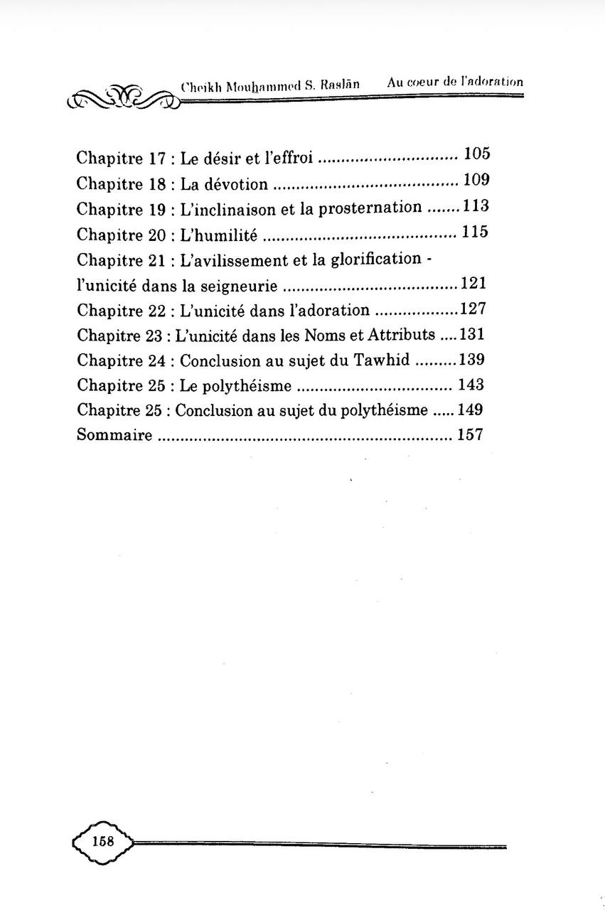 Livre Au cœur de l’adoration Cheikh Raslan tawhid actes du cœur islam sommaire
